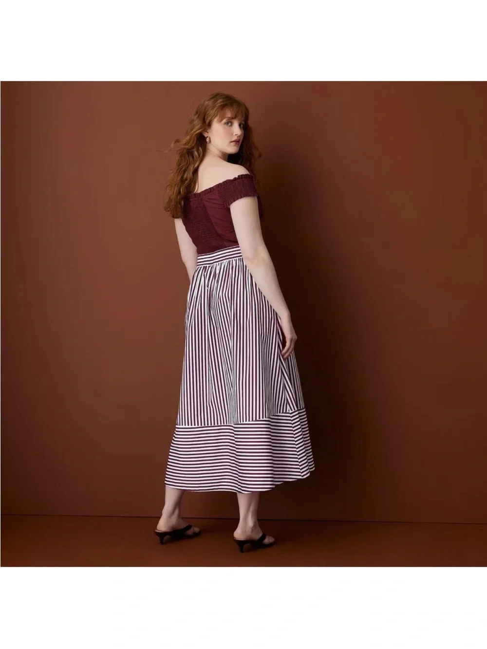 Women Drawstring Poplin Striped Full Midi Skirt - Rosie Assoulin Burgundy